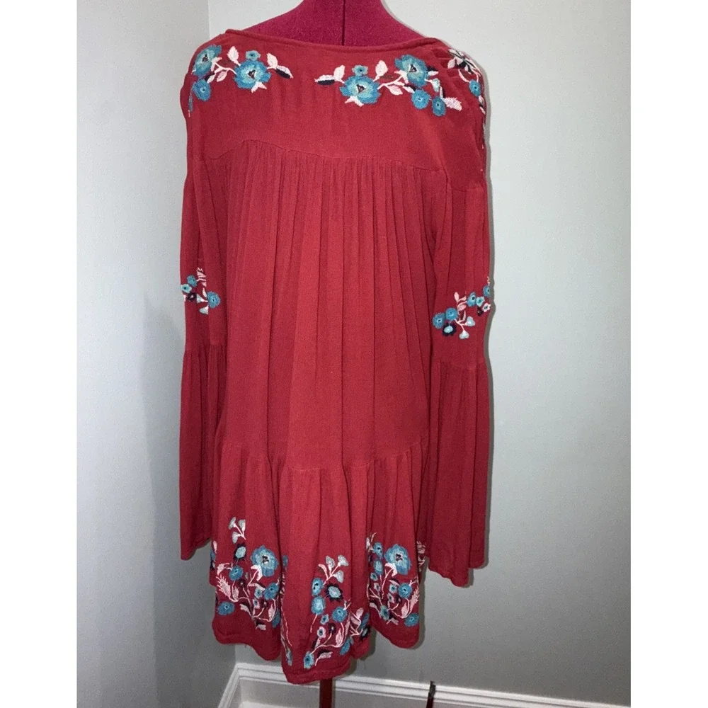 Free People Te Amo Small Mini Dress‎ Red Spring Embroidered Oversized Flared